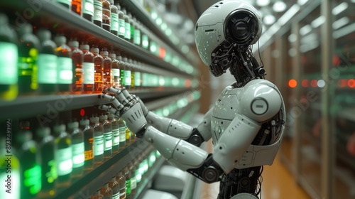 A Robot Holding a Bottle of Pills in a Grocery Store Aisle With Shelves on Either Side of the Aisle - Generative AI