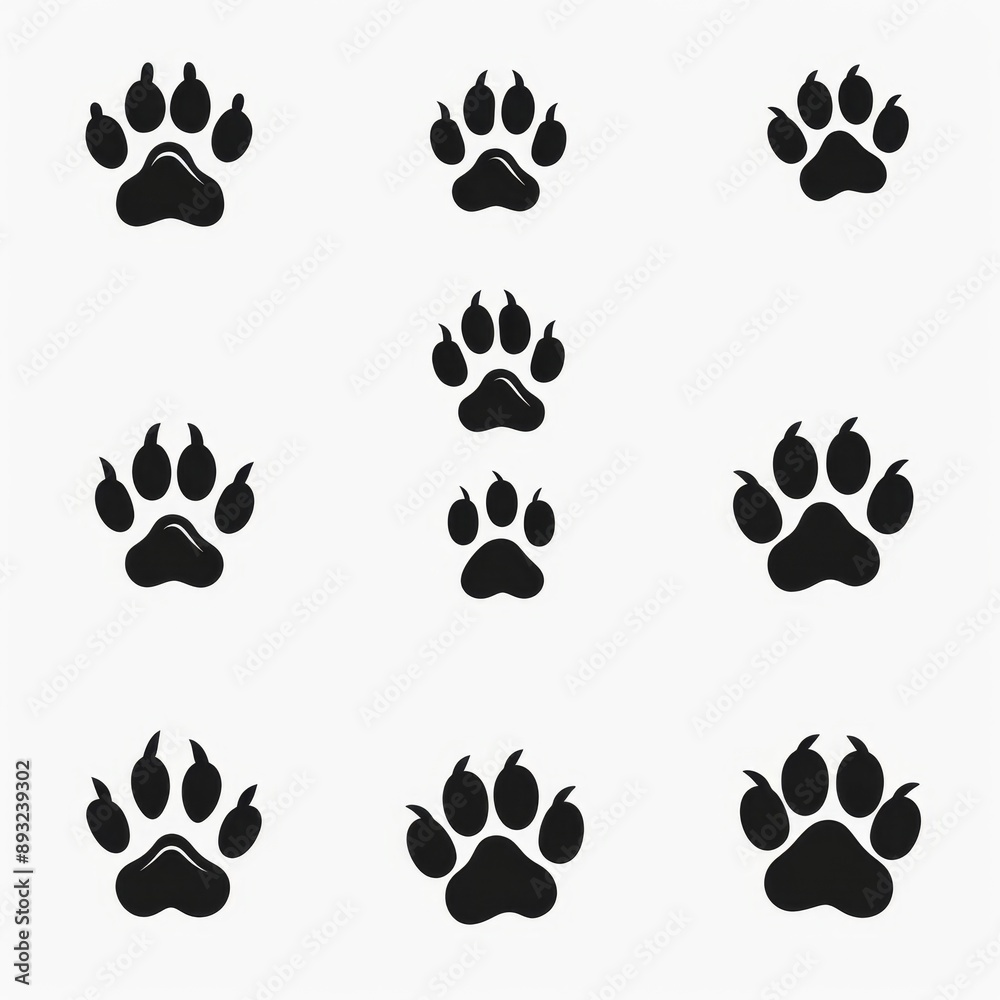 Fototapeta premium Paw footprint icon, animal foot print, dog step, wolf trail, bear trace silhouette, paw footprint on white
