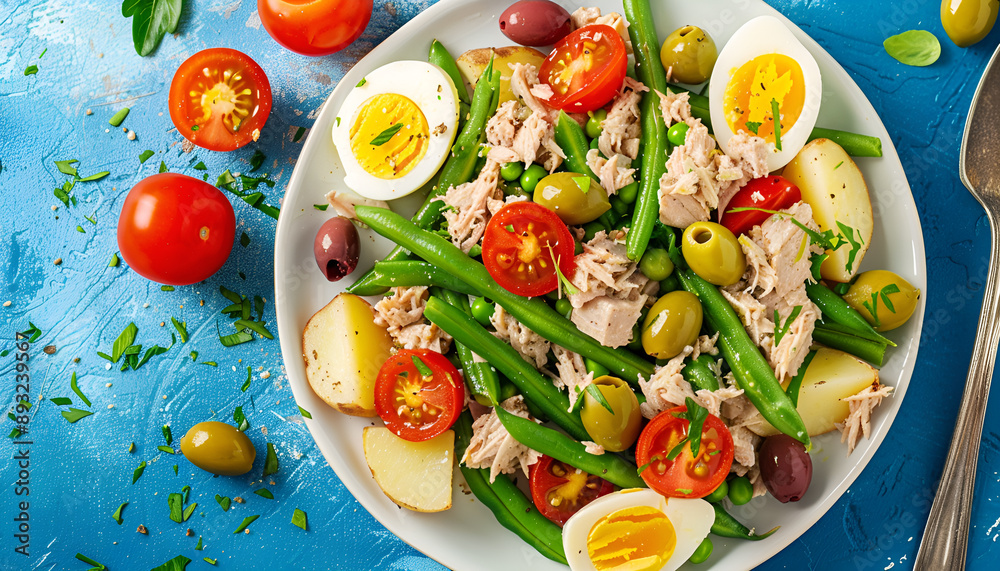 Nicoise salad with canned tuna, tomatoes, boiled eggs, green beans, potatoes and olives on white plate, blue table background, top view Nicoise salad with canned tuna, tomatoes, boiled eggs, green beans, potatoes and olives on white plate, blue table background, top view