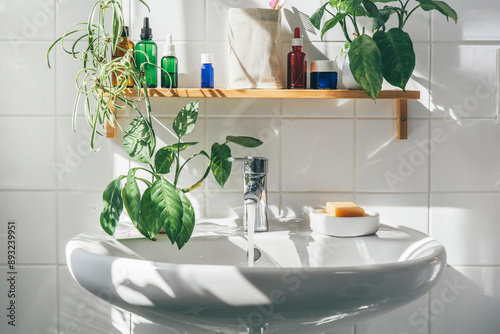 Water flowing from faucet in bathroom sink with plants and oil bottles on shelf