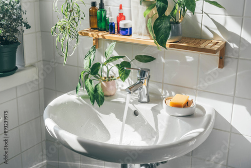 Water flowing from faucet in bathroom sink with plants and bottles on shelf