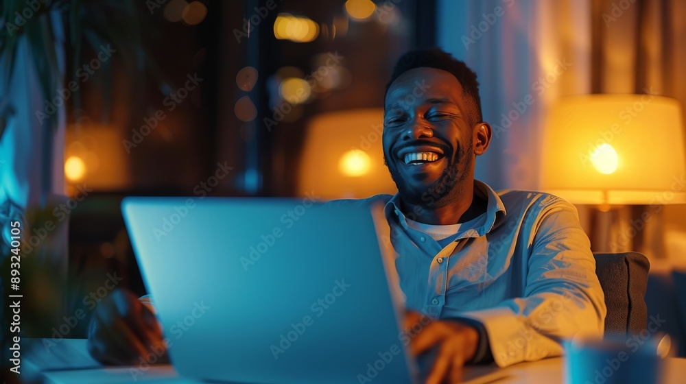 A Man Sitting at a Table With a Smile on His Face and a Laptop in Front of Him - Generative AI A Man Sitting at a Table With a Smile on His Face and a Laptop in Front of Him - Generative AI