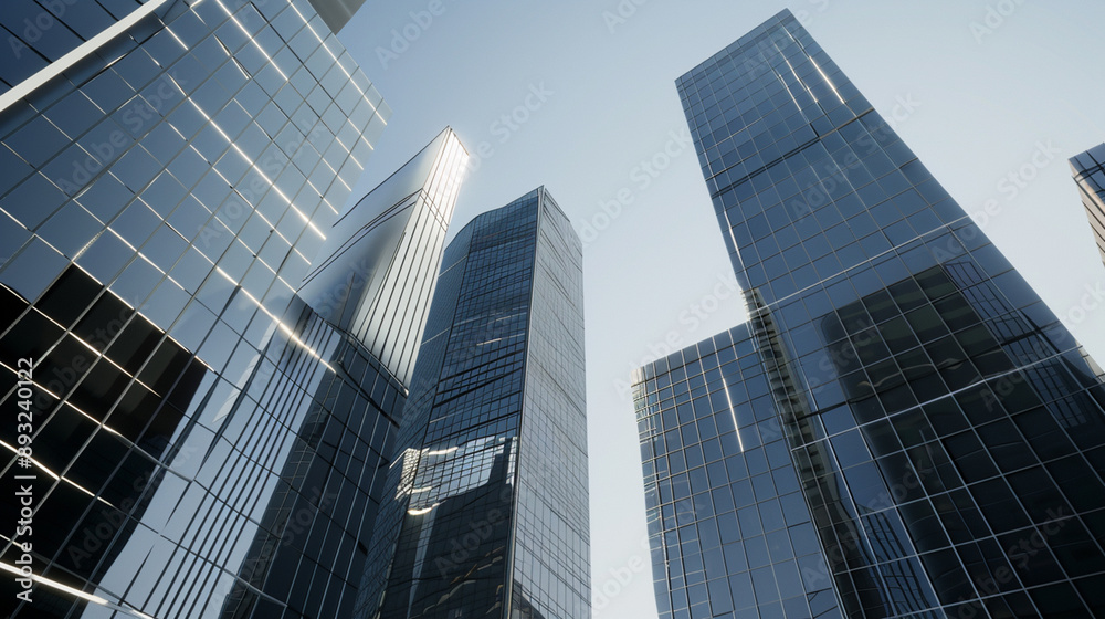 A futuristic skyscraper with a sleek, reflective glass facade rising against a clear blue sky, showcasing modern urban architecture and advanced design A futuristic skyscraper with a sleek, reflective glass facade rising against a clear blue sky, showcasing modern urban architecture and advanced design