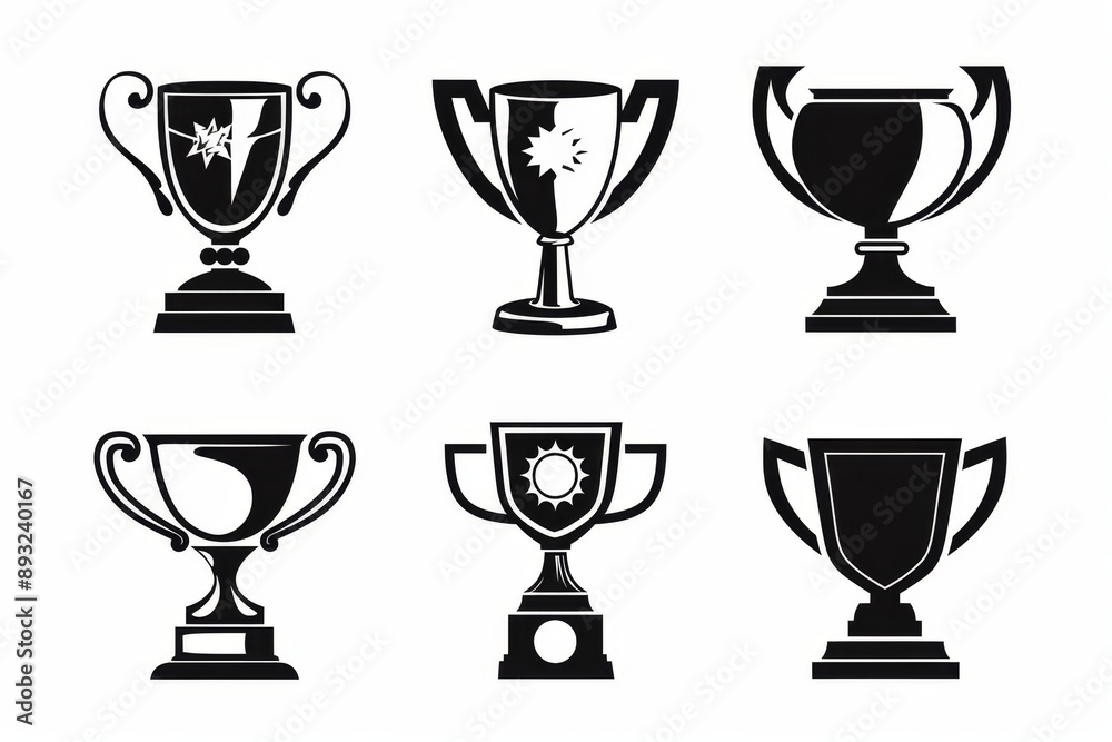 Obraz premium Trophy cups, golden goblet, silver reward, champion bowls. Contest winner award collection, prize cup
