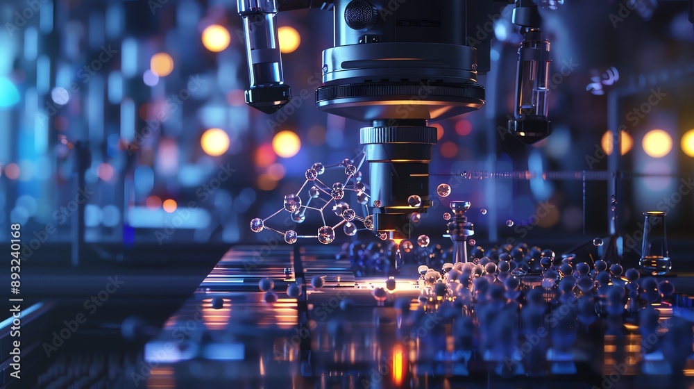 Futuristic nano fabrication facility, molecules assembling into high tech materials, sleek robotic precision Futuristic nano fabrication facility, molecules assembling into high tech materials, sleek robotic precision