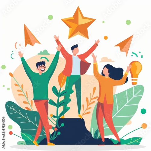 Business milestone celebration, team achieving goal, flat design illustration