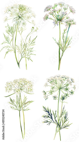Wild carrot or Daucus carota, flowers isolated on white background. Medicinal herbal plant