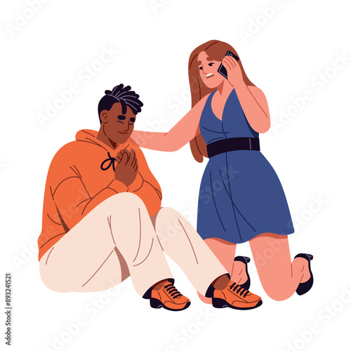 First aid in heart attack. Woman calls ambulance, 911 by phone to person suffering from cardio pain, cardiac arrest. Medical help in emergency. Flat isolated vector illustration on white background