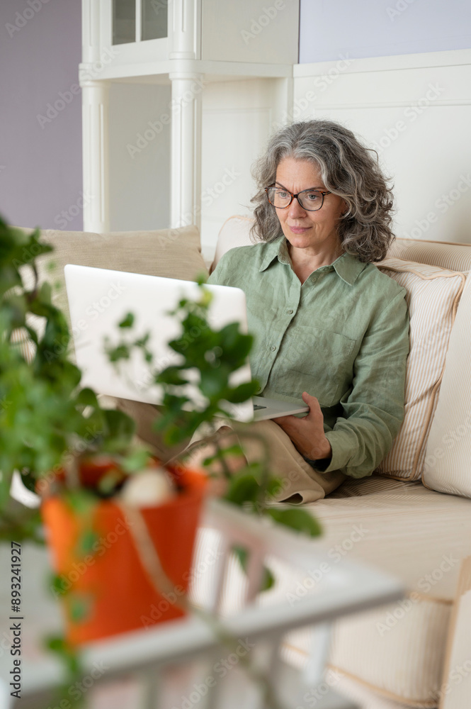 Focused businesswoman in eyeglasses sitting with laptop on sofa at home Focused businesswoman in eyeglasses sitting with laptop on sofa at home