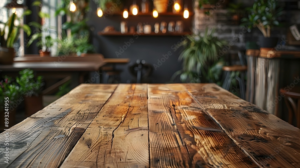 Fototapeta premium Vintage Wooden Table in Cozy Cafe with Ambient Lighting Ready for Product Display