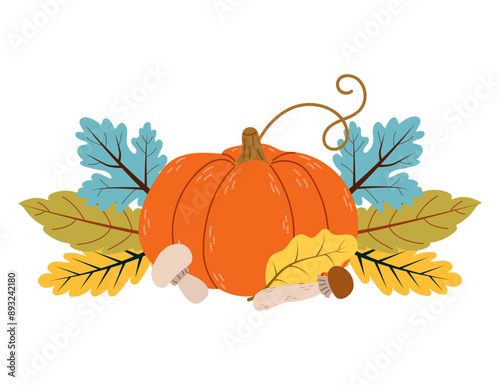 Pumpkins with leaves, autumn sticker for diary. Vector illustration in flat style.
