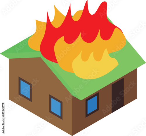 Isometric wooden house is burning with bright flames on roof, accident at home