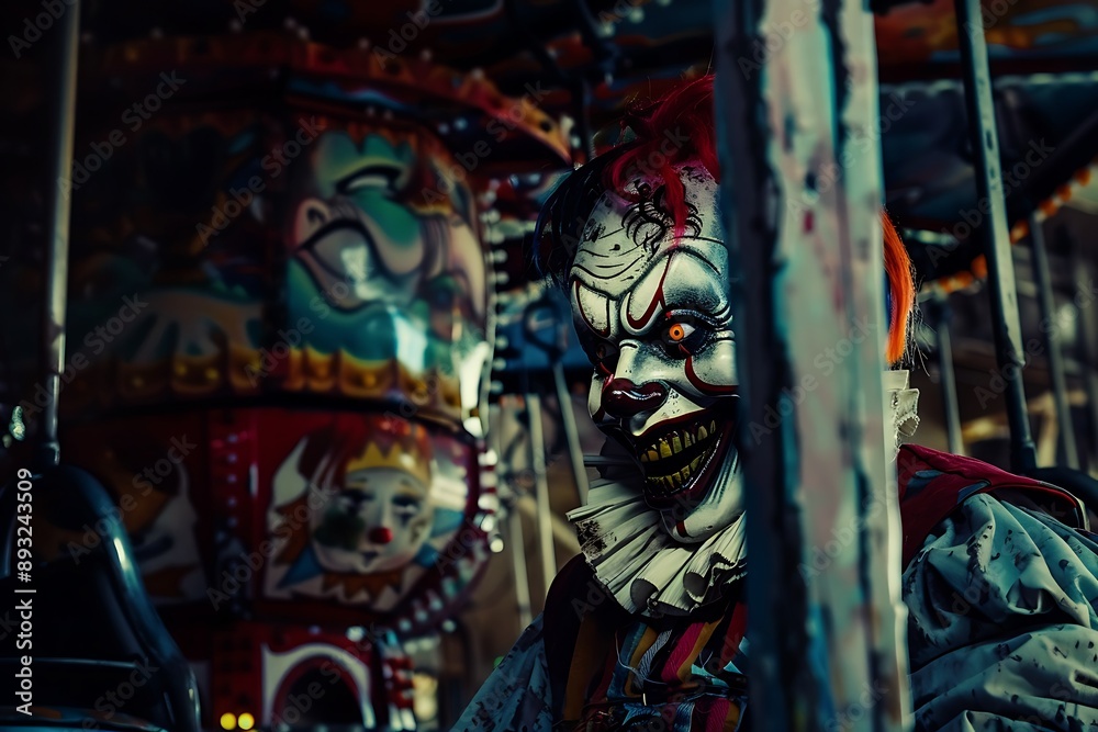Fototapeta premium Creepy Clown Peeking From Behind a Carousel Bar.