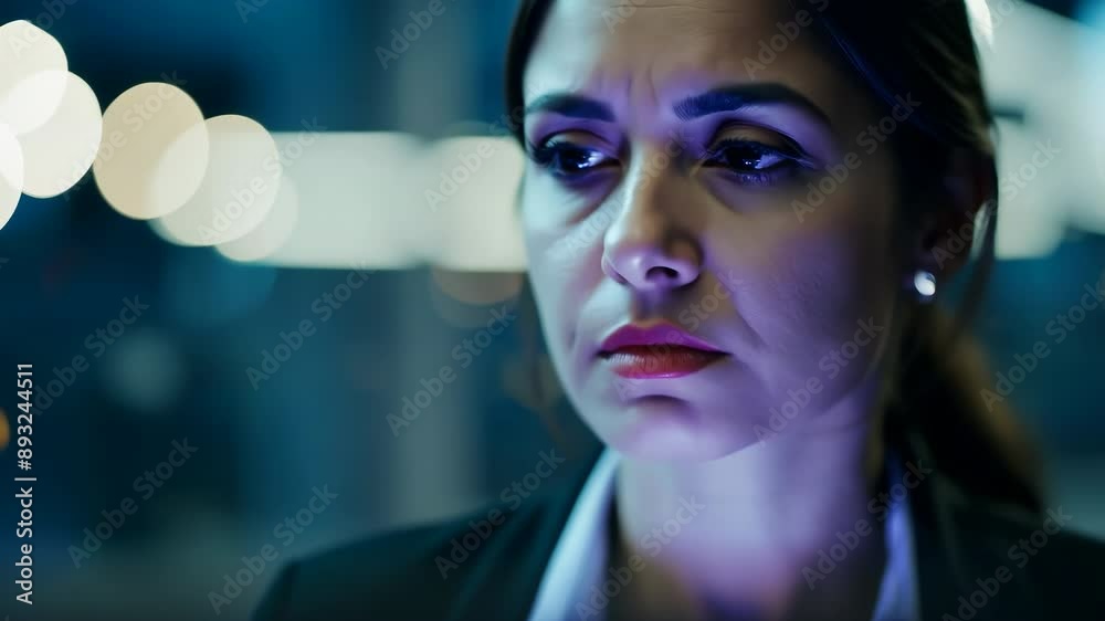 Businesswoman with glasses and thoughtful expression as she stares at her laptop in a modern office at night. The scene is tense, highlighting her anxiety and the high-pressure environment Businesswoman with glasses and thoughtful expression as she stares at her laptop in a modern office at night. The scene is tense, highlighting her anxiety and the high-pressure environment