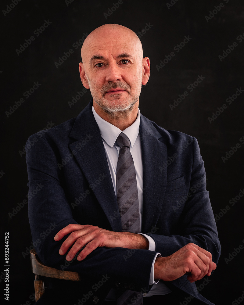 Portrait of a mid aged man wearing suit and sitting against isolated dark background