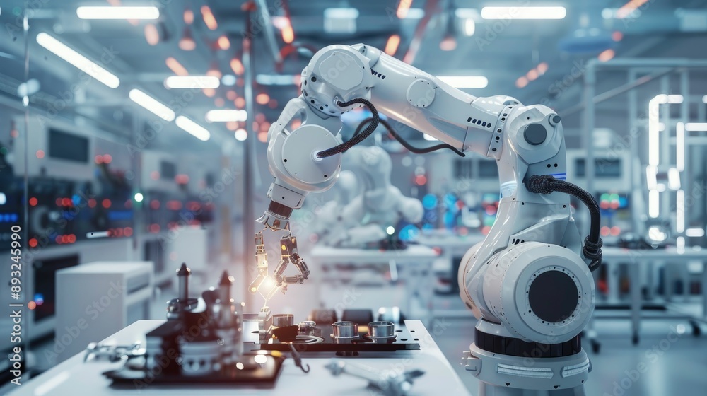 Robotic arm assembling parts in a high-tech factory Robotic arm assembling parts in a high-tech factory