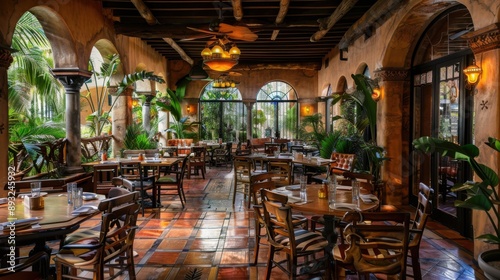 Elegant tropical-themed restaurant interior with rustic decor, wooden chairs, and abundant greenery, perfect for a relaxing dining experience.