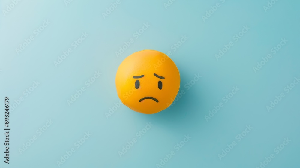 Photo of a Blue Monday concept, a yellow sad emoji face on a light blue background. Photo of a Blue Monday concept, a yellow sad emoji face on a light blue background.