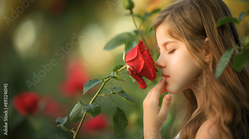 Fototapeta Naklejka Na Ścianę i Meble -  Little girl, young female child, cute Caucasian kid, daughter or toddler smelling a red rose, flower outside in nature, enjoying in a garden isolated from the background children and nature, childhood