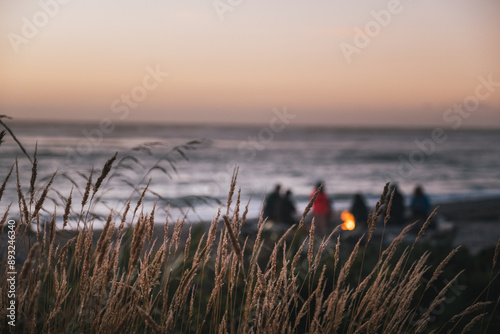 A group of people gathers on the beach around a small fire at sunset, with the sky turning soft pink and orange hues, and the ocean waves nearby.