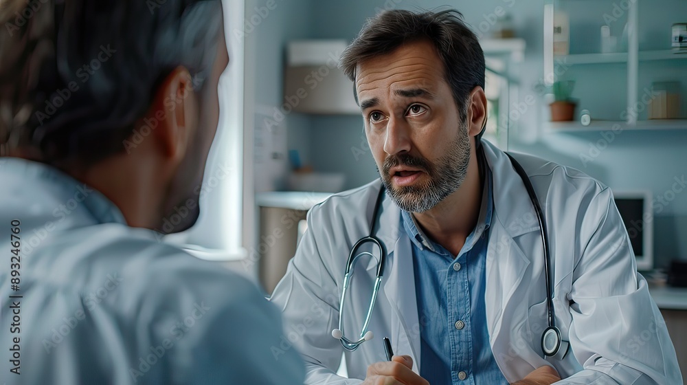 Obraz premium Doctor's Consultation: A doctor in a white coat sitting attentively with a patient in an examination room, discussing health or showing empathy. 