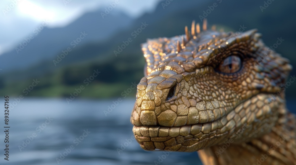 Obraz premium Close-up of a golden lizard with intricate scales