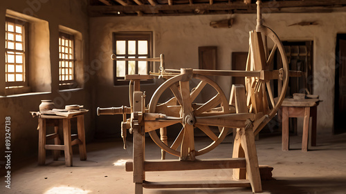 A spinning wheel used for making thread, symbolizing Gandhian philosophy and self-reliance. photo