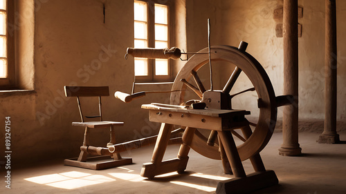 A spinning wheel used for making thread, symbolizing Gandhian philosophy and self-reliance. photo