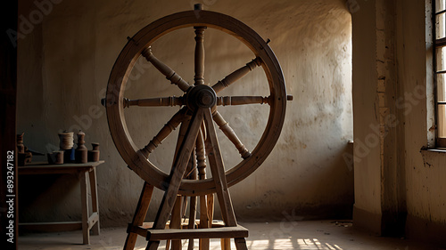 A spinning wheel used for making thread, symbolizing Gandhian philosophy and self-reliance. photo