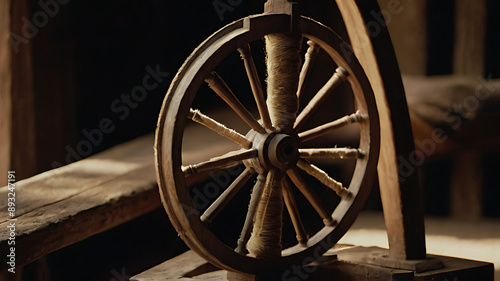 A spinning wheel used for making thread, symbolizing Gandhian philosophy and self-reliance. photo