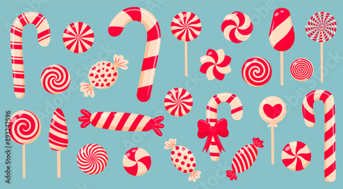 Christmas candy, sweets, lollipops, candy cane set. Peppermint candies red and white collection. Assorted striped and swirl caramel.