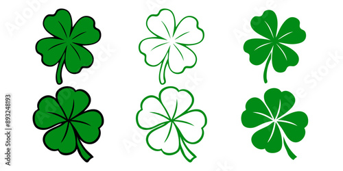 Día de San Patricio. Logo con grupo de trébol de 4 hojas con línea exterior y relleno