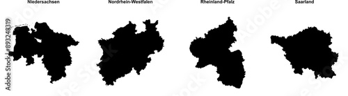Niedersachsen, Nordrhein-Westfalen, Rheinland-Pfalz, Saarland outline maps