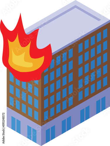 Isometric building with large flames erupting from its roof