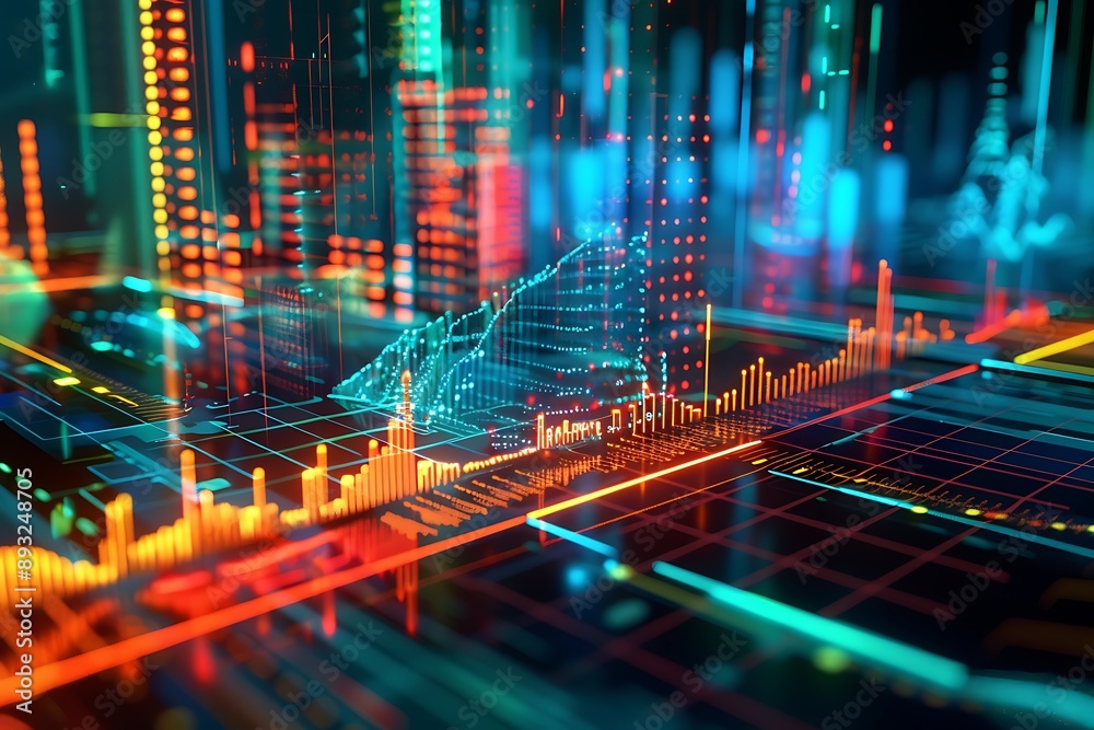 Fototapeta premium Abstract Neon Cityscape with Data Visualization.