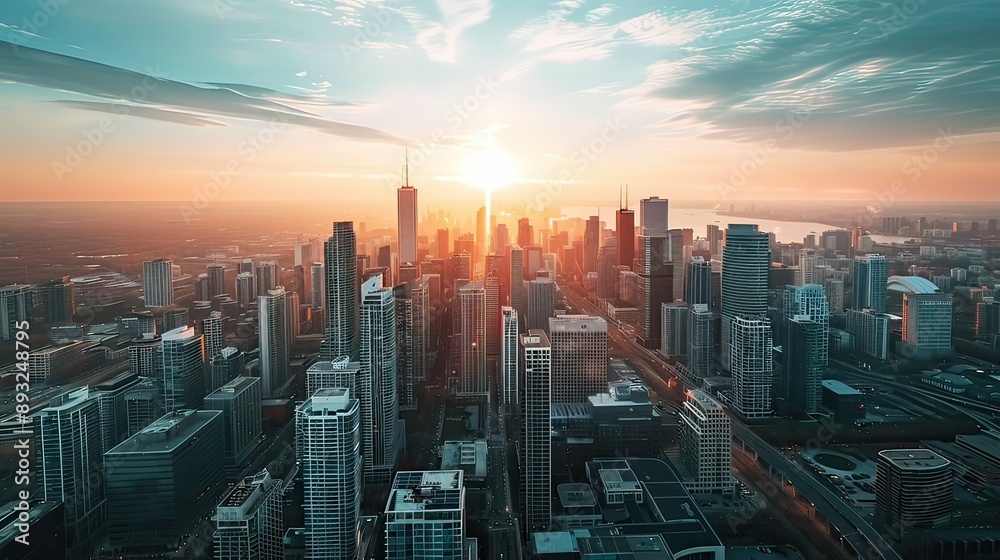 Fototapeta premium Aerial view of a modern cityscape dominated by high-rise buildings at sunset. Minimalist stock photo