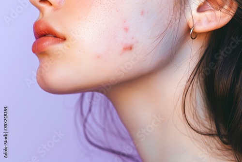 
Close-up photo of a young woman's neck with acne on a light lavender background
