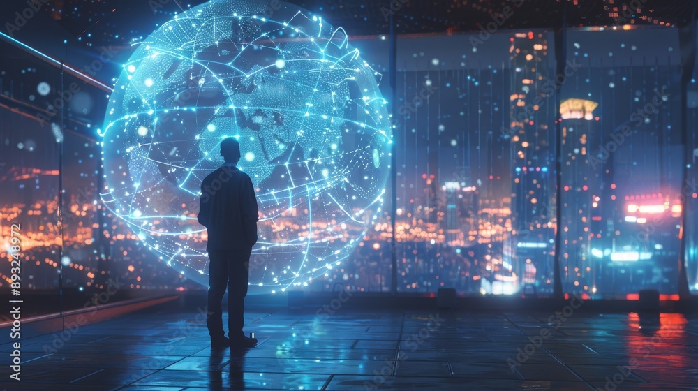 A Man Standing In Front of a Glowing Globe With Wires Connecting It All Together - Generative AI A Man Standing In Front of a Glowing Globe With Wires Connecting It All Together - Generative AI