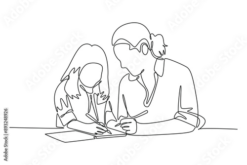 Parent-child relationship, communication concept. Single line draw design vector graphic illustration.