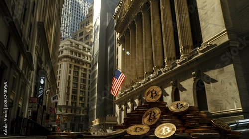 Bitcoin Coins Tower Over Desolate Wall Street