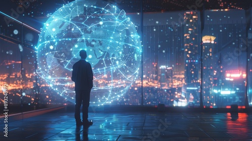 A Man Standing In Front of a Glowing Globe With Wires Connecting It All Together - Generative AI