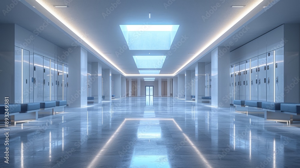 A Long Hallway With Lots of Benches and a Skylight in the Ceiling - Generative AI A Long Hallway With Lots of Benches and a Skylight in the Ceiling - Generative AI