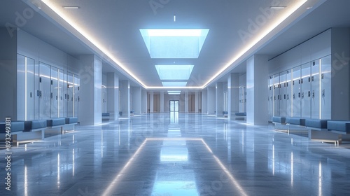 A Long Hallway With Lots of Benches and a Skylight in the Ceiling - Generative AI