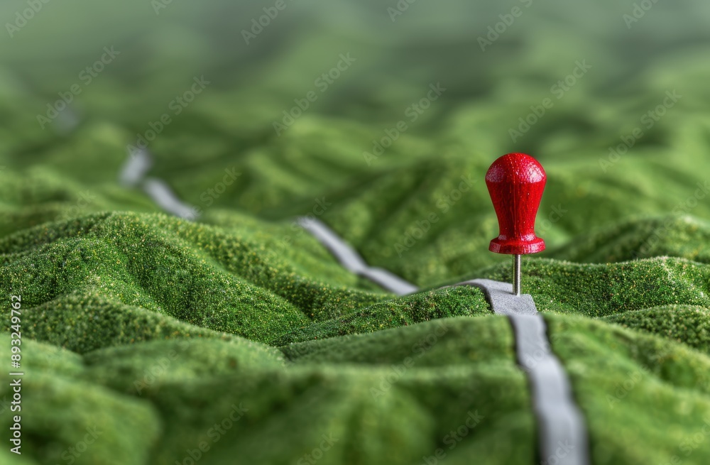 Red push pin on moss-covered landscape Red push pin on moss-covered landscape
