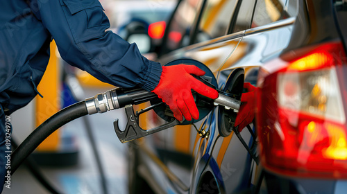 Close-up of a hand holding a gas pump while filling a car with fuel