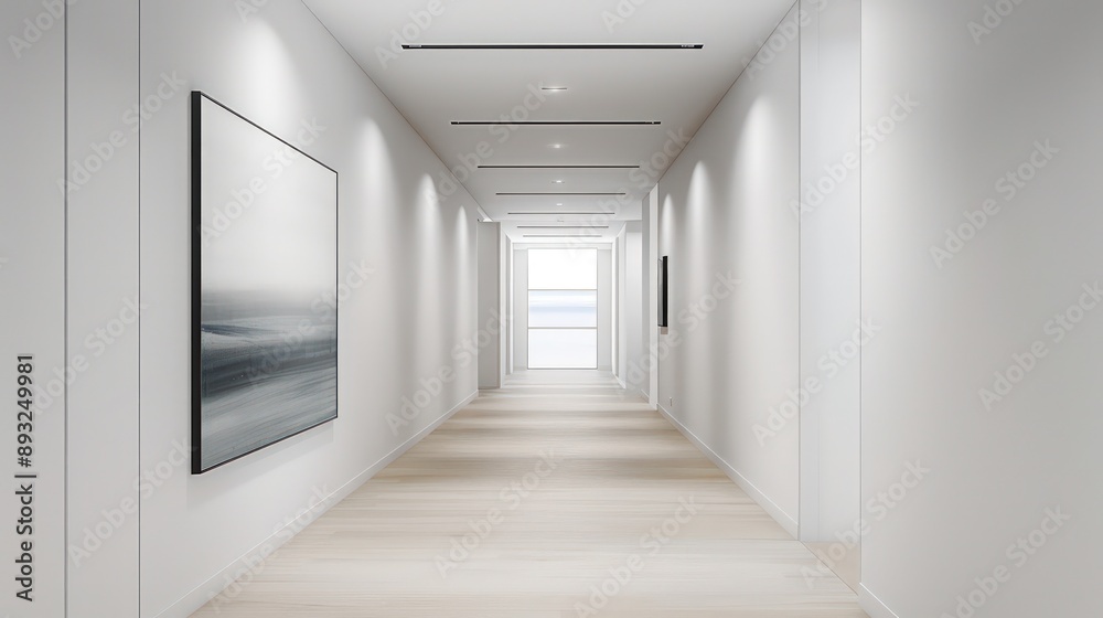 Hallway with white walls, light wooden flooring, and minimalist artwork