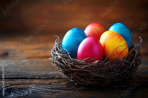 Colorful Easter Eggs in Nest on Rustic Wooden Table - Spring Holiday Decoration, Perfect for Greeting Cards and Posters