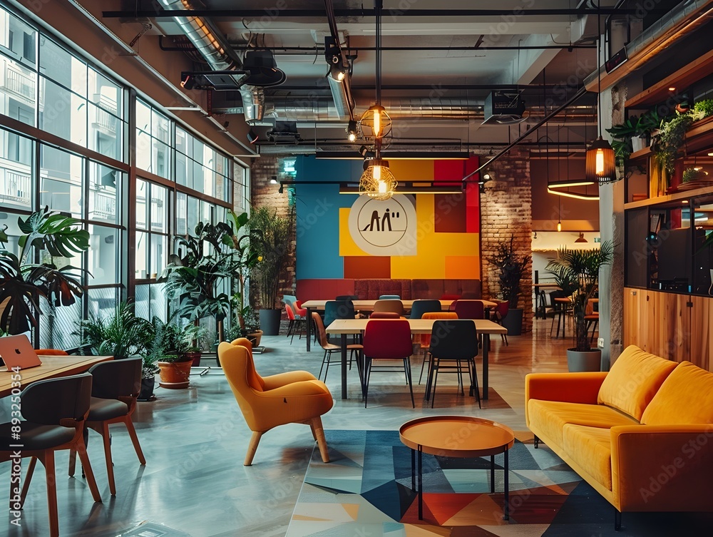 Obraz premium Vibrant Modern Coworking Space for Collaborative Freelancers with Industrial Design Elements