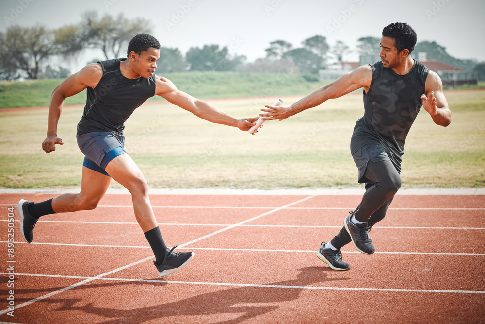 Obraz premium Relay, race and men on track with teamwork for speed challenge, partnership event and sports at arena. Synergy, collaboration and athlete group in running competition, fitness and support at stadium