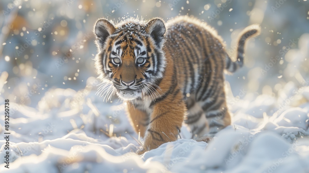 Obraz premium A Tiger Cub Is Walking Through the Snow in the Woods - Generative AI